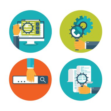 Vector illustration. SEO. Flat computing background. Programming and coding. Web development and search. Search engine optimization. Innovation and technologies. Mobile app.