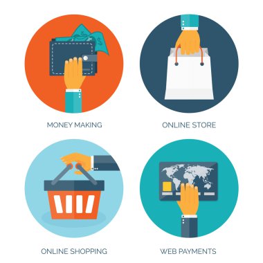 Vektör çizim. Düz arka plan el ve alışveriş çantası ile. Internet mağaza. Web alışveriş.