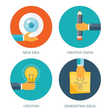 Vector illustration. Flat creative background with hand, bulb, eye and pen. Generating new ideas. Smart solutions.