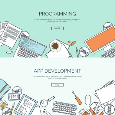 Vector illustration. Flat backgrounds set. Programming and coding online. Web courses. Internet and web design. App development.