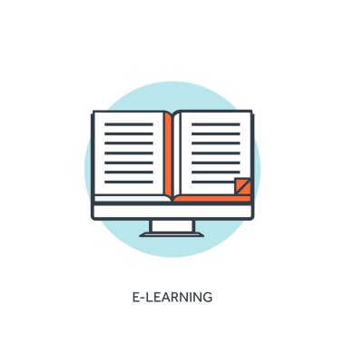 Flat lined e-learning background with computer and book.