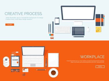 Flat vector illustration backgrounds set. Workplace. Programming and coding, web design. Laptop and pc.
