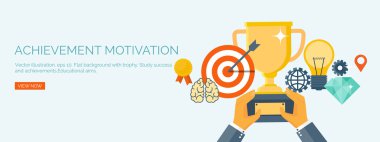 Vector illustration. Flat header.  Target and trophy. Management and achievements. Smart solutions and business aims. Generating ideas. Business planning and strategy