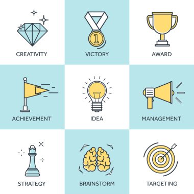 Vector illustration set. Flat business concept backgrounds set with icons and lines. Achievements and mission. Aims and new ideas. Smart solutions. Travelling.