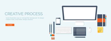 Vector illustration. Flat header.  Workplace. Programming and coding, web design. Laptop and pc.