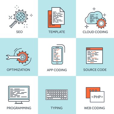 Vector illustration. Flat computing backgrounds set with icons and lines. Programming and coding. Web development and search. Search engine optimization. Innovation and technologies. Mobile app.