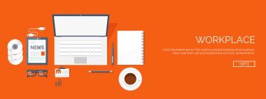Vector illustration. Flat header.  Workplace. Programming and coding, web design. Laptop and pc.