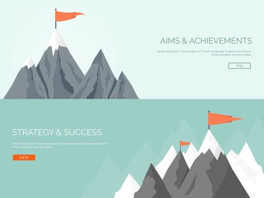 Vector illustration. Flat mountaines. Mission and achievement. Nature and travel. Success and smart solutions concept background.