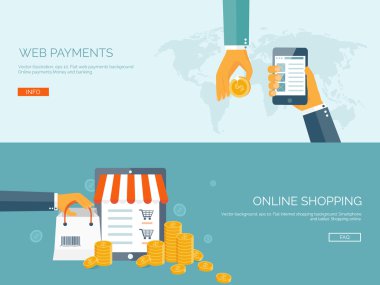Vector illustration. Flat backgrounds set. Internet shopping. Web store. Global communication and trading. Web business. E-commerce and money making. Internet banking.