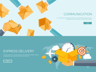 Flat vector illustration backgrounds set. International delivery and worldwide postage. Emailing and online shopping. Envelope and package.