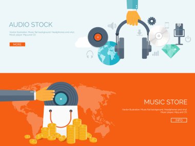 Vector illustration. Flat background. Music.production. Show business. Mp3 and compact disk. Voice recording. Singind and karaoke. Audio store.