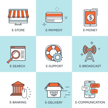 Vector illustration. Set of flat backgrounds with lined borders. Internet browsing and cloud computing, Coding and programming, app development, e-learning and e-currency. Web surfing and global