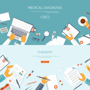 Vector illustration. Flat medical background. First aid and diagnostic. Medical research and therapy. Global healthcare.