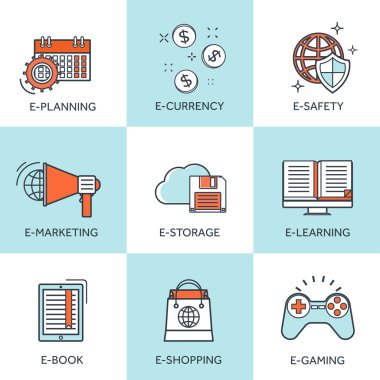 Vector illustration. Set of flat backgrounds with lined borders. Internet browsing and cloud computing, Coding and programming, app development, e-learning and e-currency. Web surfing and global