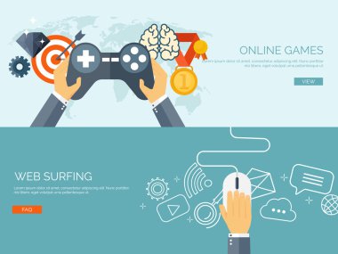 Vector illustration. Online games. Joystick and mouse. Web surfing. Player and gamepad. Entertainment. Internet.