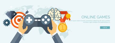 Vector illustration. Online games. Joystick. Web surfing. Player and gamepad. Entertainment. Internet.