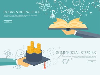Vector illustration.University. Flat backgrounds set. Education and learning. Online courses and web school. Knowledge and information. Study process. E-learning.