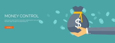 Vektör çizim. Düz arka plan el ve para çantası ile. Para verme. Banka mevduat. Mali.