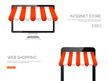 Vector illustration. Monitor and tablet. Online store, internet shopping. Web deals and currency.