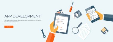 Vector illustration. Flat header. Programming and coding online. Web courses. Internet and web design. App development.