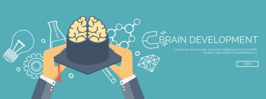 Vector illustration. Brains and academic cap. Education and online courses, web tutorials, e-learning. Study and creative process. Power of knowledge.