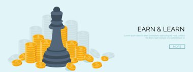 Vector illustration. Flat background with chess and golden coins. Money making. Bank deposit.  Financials.