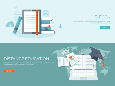 Vector illustration. Flat backgrounds set. Distance education and learning. Online courses and web school. Knowledge and information. Study process. E-learning.