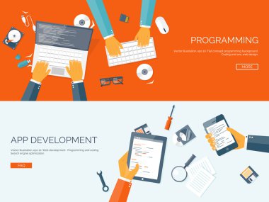 Vector illustration. Flat backgrounds set. Programming and coding online. Web courses. Internet and web design. App development.