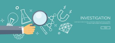 Vector illustration. Flat research background. Physics and laboratory equipment. Experiments.  Atomic and molecular, formula. Dignostic. Loupe.