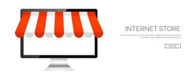 Vector illustration. Computer. Online store, internet shopping. Web deals and currency.