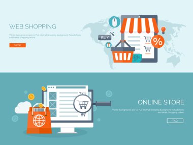 Vector illustration. Flat backgrounds set. Internet shopping. Web store. Global communication and trading. Web business. E-commerce and money making. Internet banking.