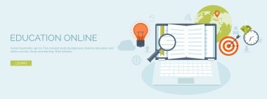 Vector illustration. Flat header.Distance education and learning. Online courses and web school. Knowledge and information. Study process. E-learning.