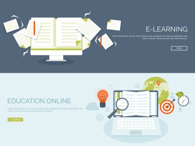 Vector illustration. Flat backgrounds set. Distance education and learning. Online courses and web school. Knowledge and information. Study process. E-learning.
