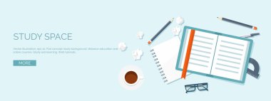 Vector illustration. Flat header.Distance education and learning. Online courses and web school. Knowledge and information. Study process. E-learning.