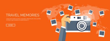 Vektör çizim. Düz arka plan el ve fotoğraflar ile. Seyahat. Selfie ve resim paylaşımı.