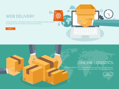Vektör çizim. Düz başlık. Uluslararası teslim ve dünya çapında posta. Online lojistik ve ambalaj.