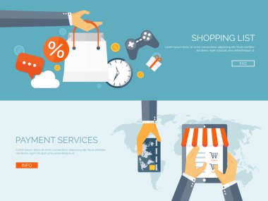 Vektör çizim. Düz başlık. Internet alışveriş. Web mağaza. Global iletişim ve ticaret. Web iş. E-ticaret ve para verme. Internet Bankacılığı.