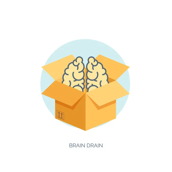 Caja de cartón plana con cerebro. Fuga de cerebro . — Vector de stock