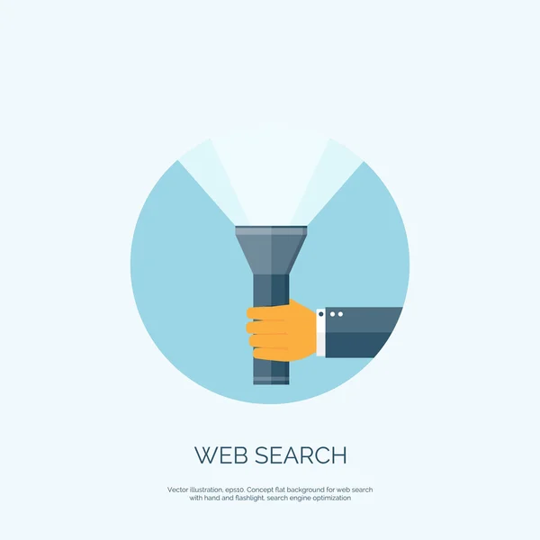 Vector illustration. Flat flashlight and hand. Web search concept bacground. — Stock Vector
