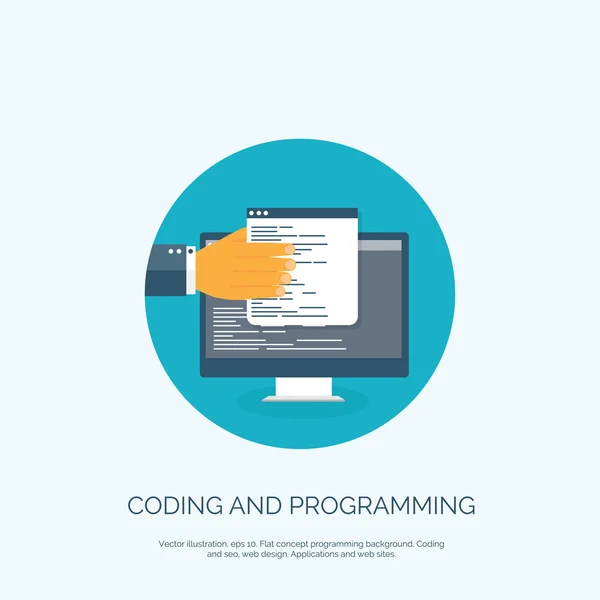 벡터 일러스트입니다. 평면 개념 배경, 코딩 및 프로그래밍입니다. 검색 엔진 최적화. — 스톡 벡터
