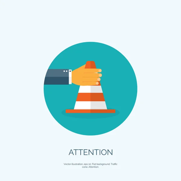 Vector illustration, flat vector attention cone with hand. — Stock Vector