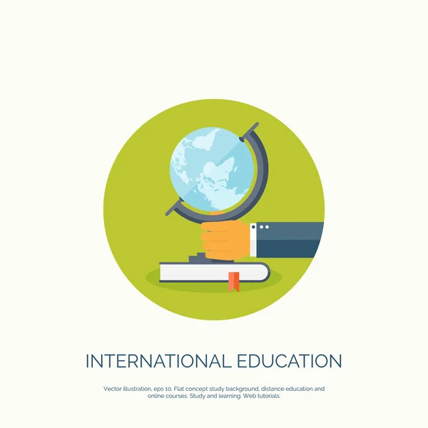 Ilustración vectorial. Concepto de fondo con mano, globus y libros, educación global, cursos en línea . — Vector de stock