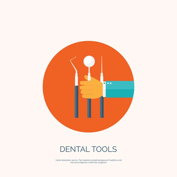 Vector illustration with hand and dental tools. Flat health care and medical research background. Healthcare system concept. — Stock Vector