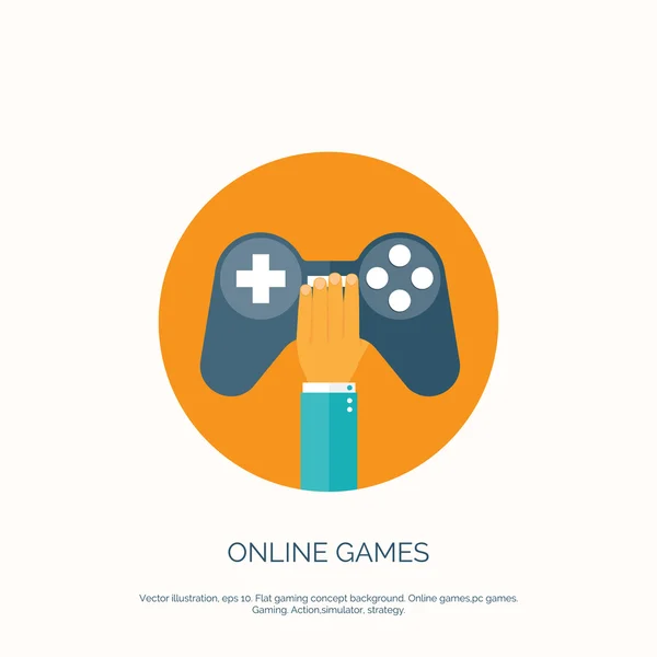 Vektor illustration. Platt bakgrund med hand och joystick. Spel online. — Stock vektor