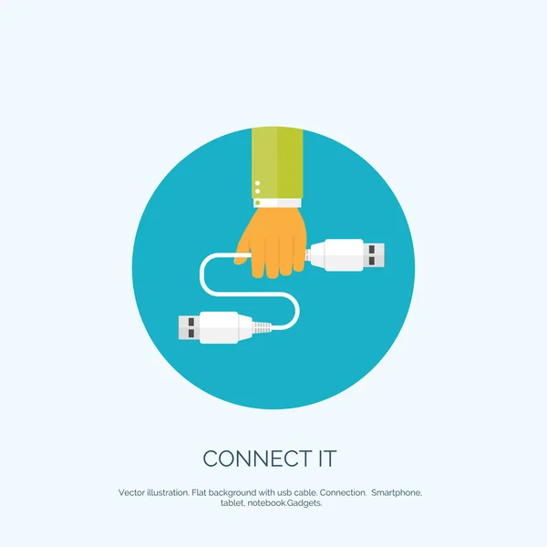 Vektor illustration. Platt bakgrund med hand och USB-kabel. Anslutning. Internet och global kommunikation konceptet bakgrund. — Stock vektor