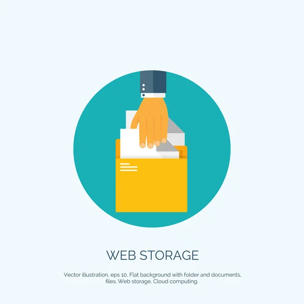 Ilustración vectorial. Fondo plano con carpeta de mano. Almacenamiento de datos web. Computación en nube . — Archivo Imágenes Vectoriales