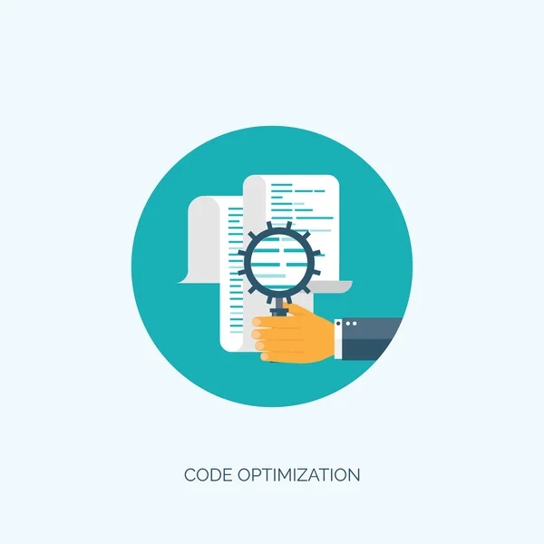 矢量图。代码优化。平的计算背景。编程和编码。Web 开发和搜索。搜索引擎的优化。创新和技术。移动应用程序. — 图库矢量图片