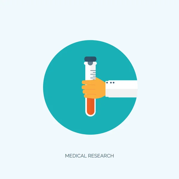 Vector illustration. Flat medical background with hand and flask. First aid and diagnostic. Medical research and therapy. Global healthcare. — Stok Vektör