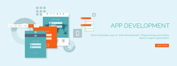 Vector illustration. Flat computing background. Programming and coding. Web development and search. Search engine optimization. Innovation and technologies. Mobile app. — Wektor stockowy