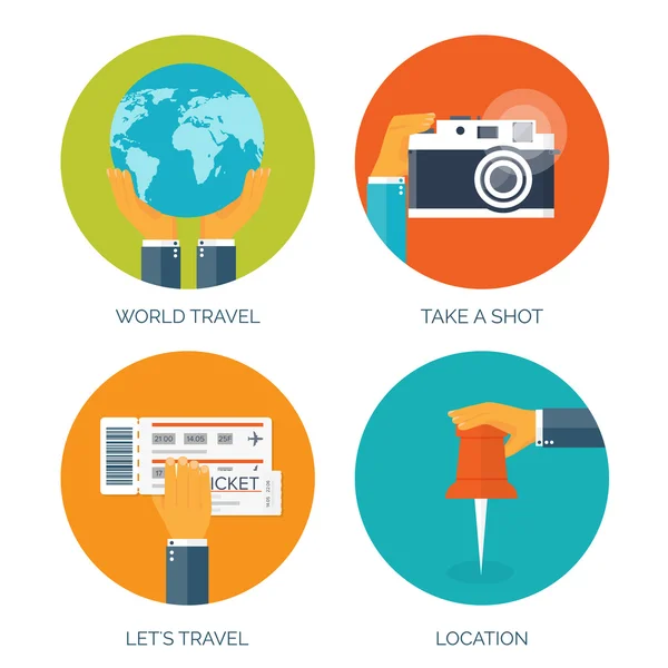 Vector illustration. Flat background with hand and tickets and earth globe. Travel by plane. — ストックベクタ